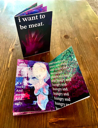 Display photo of a full color, digital collage mini zine. Cover: A hand with too many fingers, spread against a black void. Open spread: A mannequin with an offset, exaggerated anime face, and photos of ground beef.