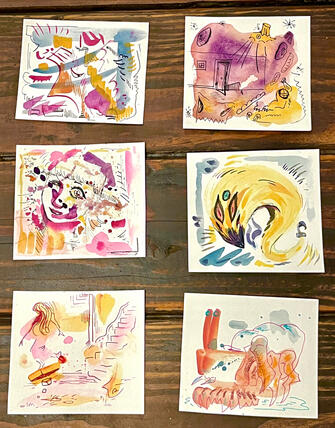 Six mixed media paintings (watercolor, ink, chalk & oil pastel) with varying abstraction.