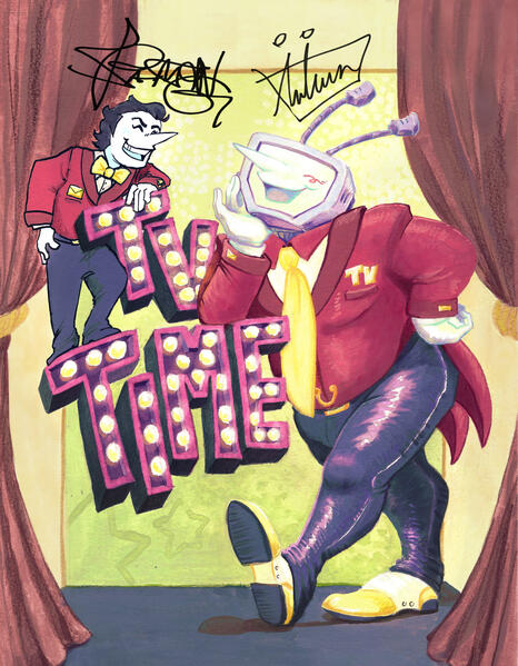 Gouache painting of Spamton and Tenna from Deltarune, made to look like a promotional poster for their show "TV Time". Their fictitious signatures are scribbled just above their heads.