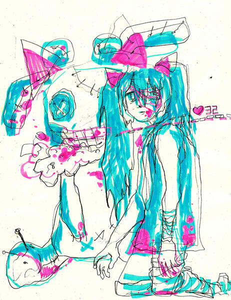 A shaky, misaligned pencil and marker drawing of Miku from the "Crime and Punishment" music video. Behind her, a large, broken plush doll looms over her shoulder.