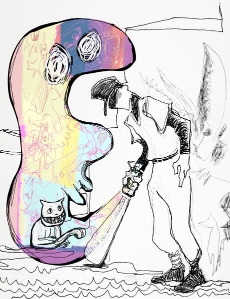 Pencil, ink, and digital illustration of The Batter and The Judge from OFF.