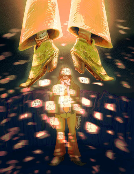 Digital illustration of Harry Du Bois staring up in awe at his own corpse which hangs just out of view. He is lit by a disco ball, and each square of light contains a vignette of Harry's life.