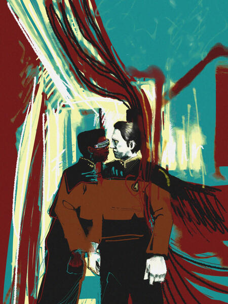 Digital painting of Geordi and Data from Star Trek. The two stand close together, nearly touching noses, centered in an abstracted background.