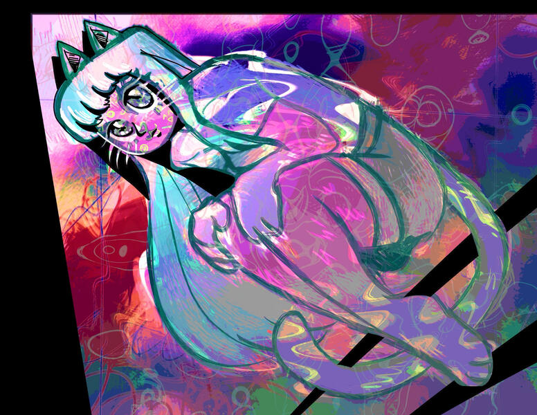 Digital illustration of an anime cat girl in an abstract style. She is curled up with her hands on her knees and floats diagonally in a sea of dark, grainy colors and distorted overlays.