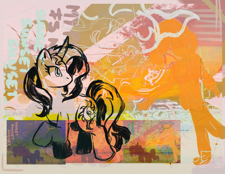 Collage-like, abstract fanart of Sunset Shimmer from Equestria Girls in pony form, being chased by her human self.
