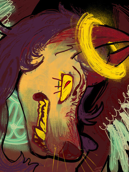 Digital illustration of a canine with devil horn-like ears and a halo wrapped around them. It stares directly at the viewer in a stylized flat profile view and snarls.