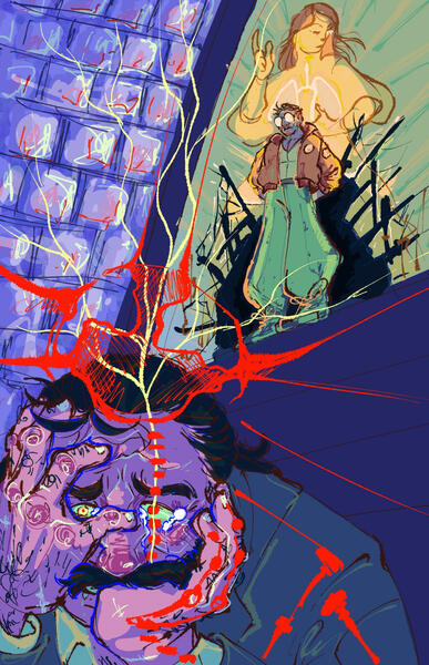 Digital illustration of Harry Dubois from Disco Elysium sobbing pathetically in a church while Kim stares down at him.